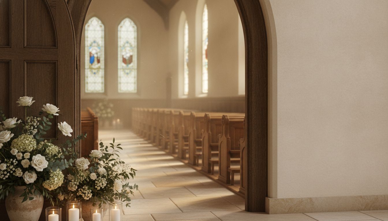 Serene chapel interior with flowers and soft natural light